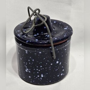 Vintage cobalt blue agate speckled stoneware crock w/ wire bail lid Great Cond